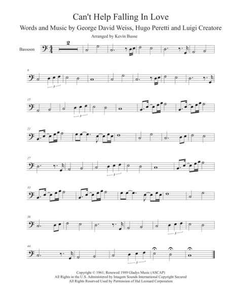 Free Sheet Music Cant Help Falling In Love Easy Key Of C Bassoon