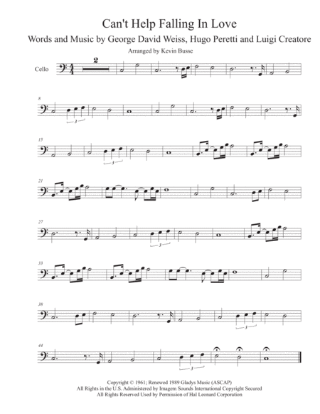 Cant Help Falling In Love Easy Key Of C Cello Sheet Music