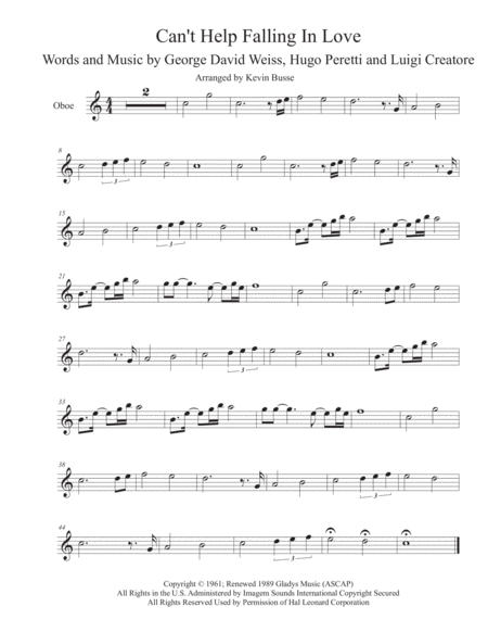 Cant Help Falling In Love Easy Key Of C Oboe Sheet Music