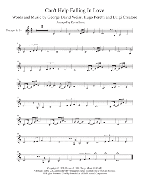 Free Sheet Music Cant Help Falling In Love Easy Key Of C Trumpet