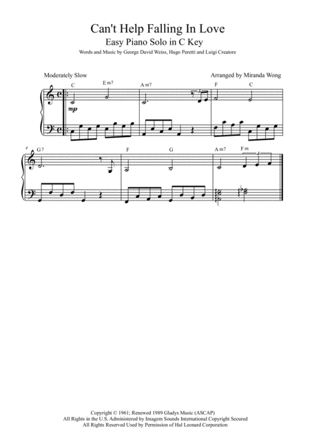 Cant Help Falling In Love Easy Piano Solo In C Key With Chords Sheet Music