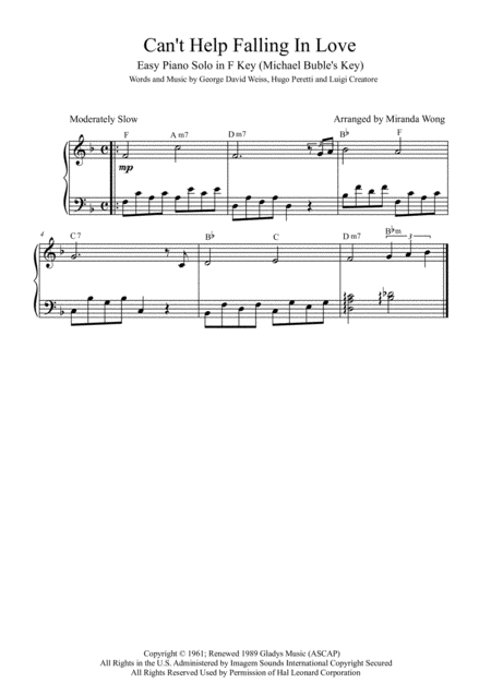 Free Sheet Music Cant Help Falling In Love Easy Piano Solo In F Key Michael Bubl