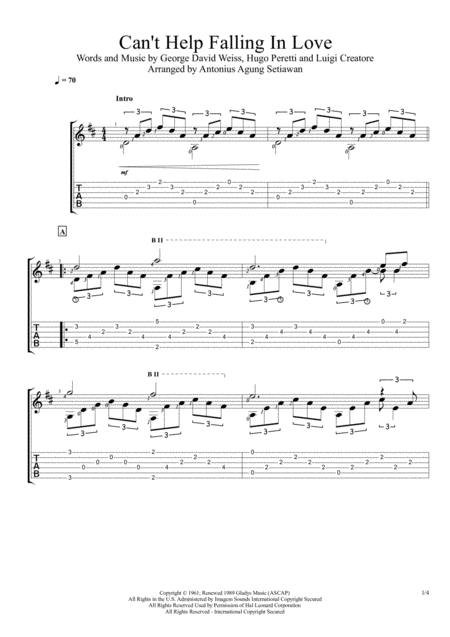 Free Sheet Music Cant Help Falling In Love Fingerstyle Guitar Solo