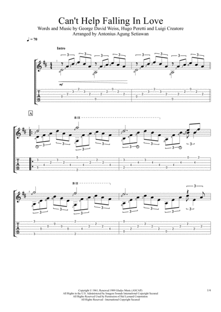 Cant Help Falling In Love Fingerstyle Guitar Solo Sheet Music