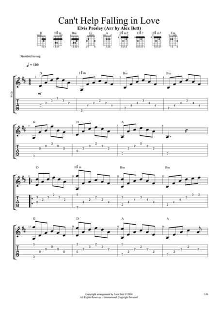 Free Sheet Music Cant Help Falling In Love Fingerstyle Guitar