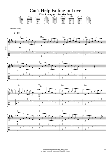 Cant Help Falling In Love Fingerstyle Guitar Sheet Music