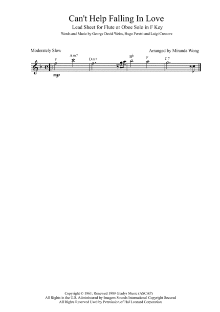 Free Sheet Music Cant Help Falling In Love Flute Or Oboe Solo In F Key With Chords