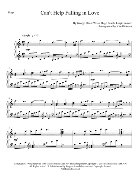 Cant Help Falling In Love For Harp Solo No Levers Required Sheet Music