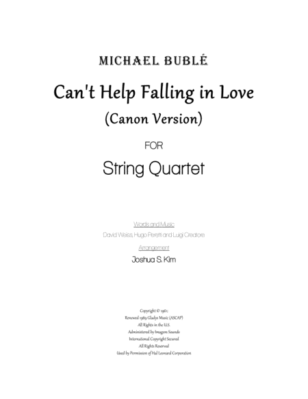 Cant Help Falling In Love For String Quartet Canon Version Sheet Music