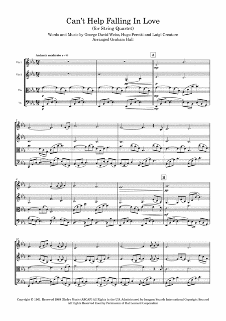 Free Sheet Music Cant Help Falling In Love For String Quartet