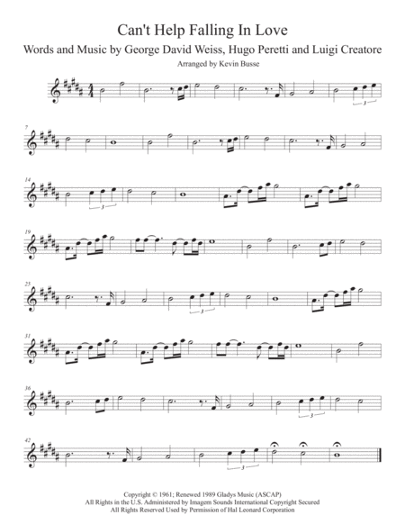 Cant Help Falling In Love Original Key Bari Sax Sheet Music