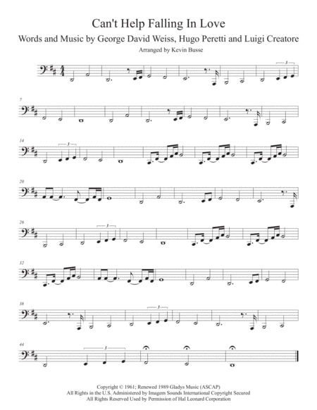 Cant Help Falling In Love Original Key Tuba Sheet Music