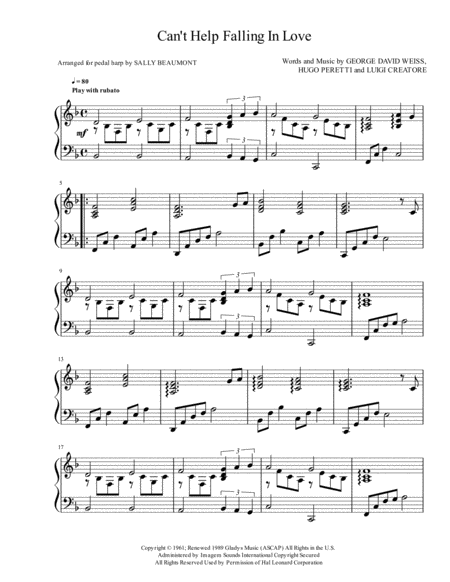 Cant Help Falling In Love Pedal Harp Solo Sheet Music