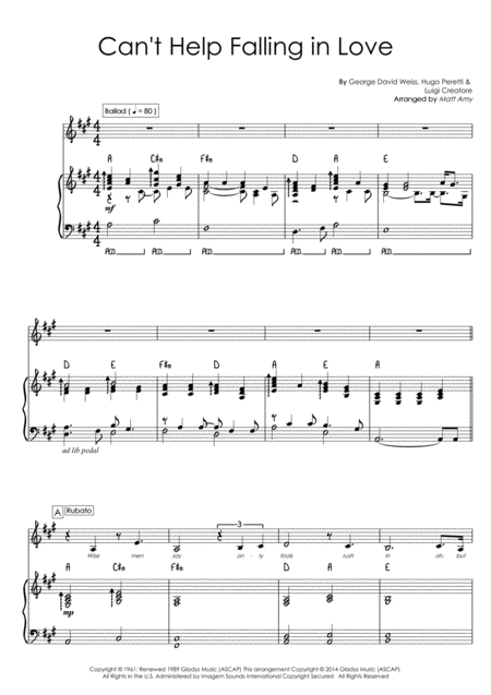 Free Sheet Music Cant Help Falling In Love Piano And Vocal Key Of A