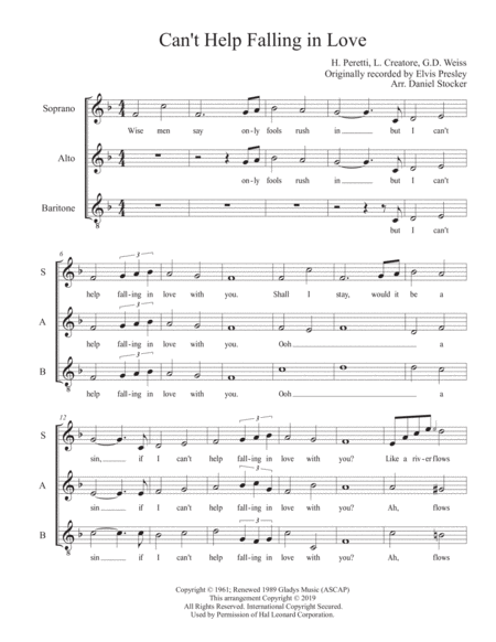 Free Sheet Music Cant Help Falling In Love Sab Chorus