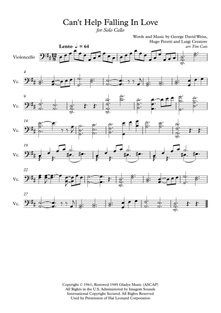 Cant Help Falling In Love Solo Cello Sheet Music