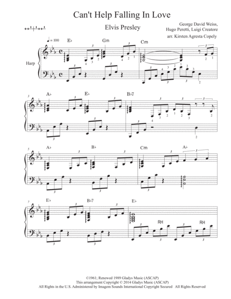 Free Sheet Music Cant Help Falling In Love Solo Harp Arrangement