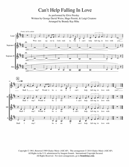 Free Sheet Music Cant Help Falling In Love Ssa A Cappella