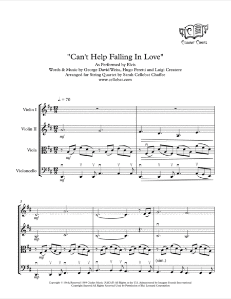 Cant Help Falling In Love String Quartet Elvis Arr Cellobat Recording Available Sheet Music