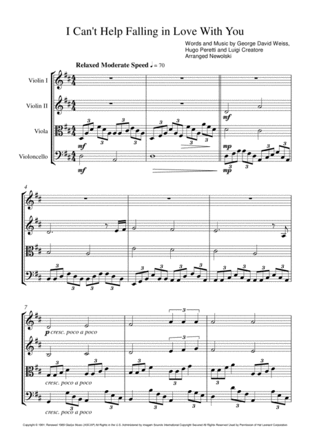 Cant Help Falling In Love String Quartet Score And Parts Sheet Music