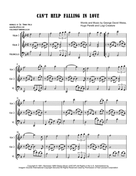 Cant Help Falling In Love String Trio 2 Vn C Sheet Music