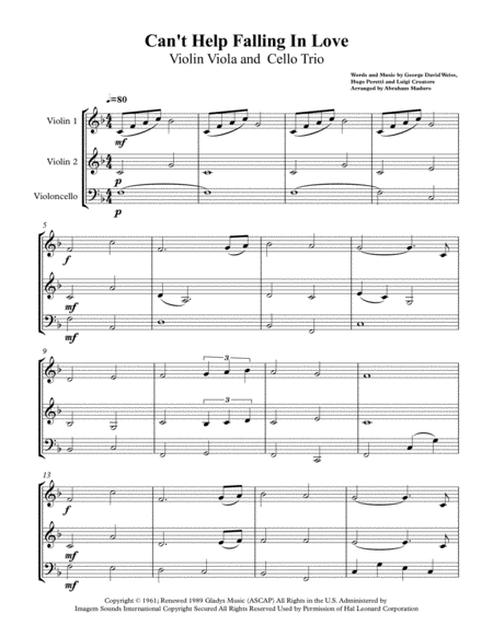 Cant Help Falling In Love Two Violins And Cello Trio Sheet Music