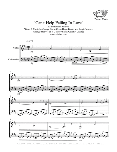 Cant Help Falling In Love Violin Cello Duet Elvis Arr Cellobat Sheet Music