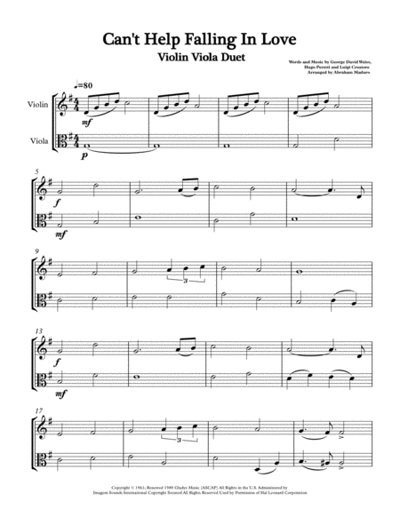 Free Sheet Music Cant Help Falling In Love Violin Viola Duet