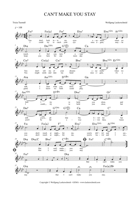 Cant Make You Stay With Lyrics Sheet Music