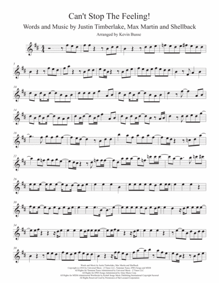 Free Sheet Music Cant Stop The Feeling Alto Sax