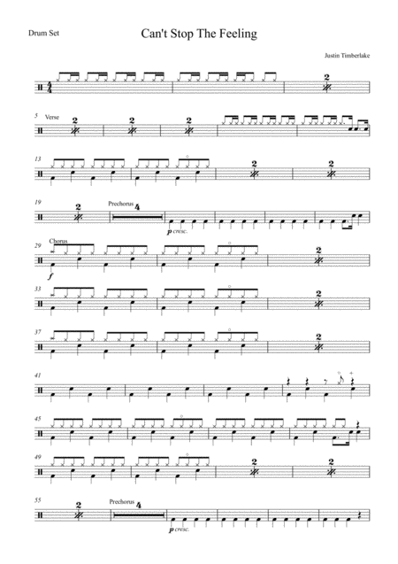 Cant Stop The Feeling By Justin Timberlake Drum Set Sheet Music