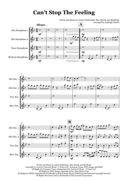 Cant Stop The Feeling By Justin Timberlake Saxophone Quartet Aatb Sheet Music