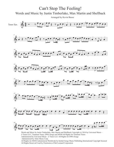 Free Sheet Music Cant Stop The Feeling Easy Key Of C Tenor Sax