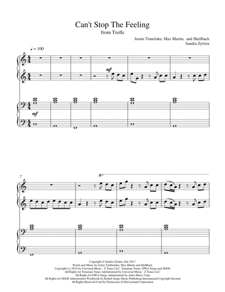 Cant Stop The Feeling From Trolls 1 Piano 4 Hand Duet Sheet Music