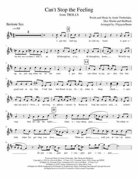 Cant Stop The Feeling From Trolls Baritone Sax Sheet Music