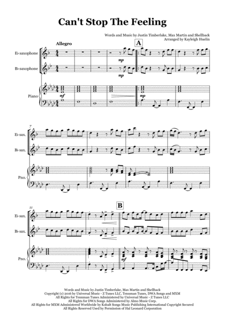 Cant Stop The Feeling From Trolls By Justin Timberlake Solo Saxophone In Eb Bb With Piano Sheet Music