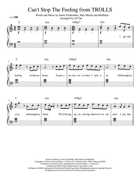 Cant Stop The Feeling From Trolls Piano Vocal Chords Sheet Music