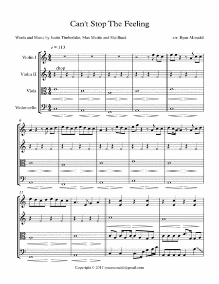 Cant Stop The Feeling From Trolls String Quartet Sheet Music