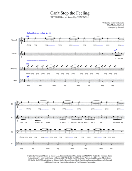 Cant Stop The Feeling Ttttbbbb As Performed By Tonewall Queer A Cappella Sheet Music