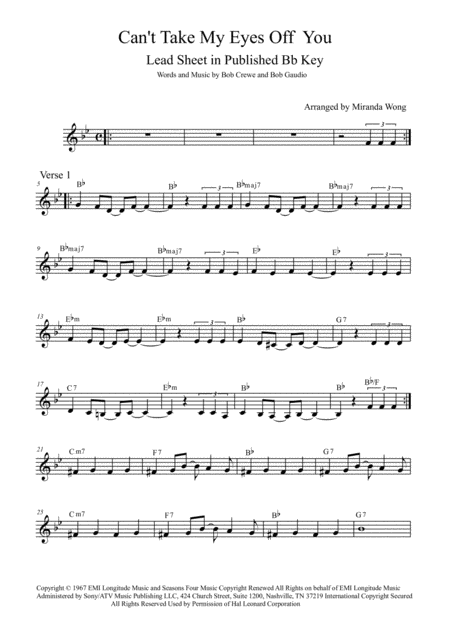 Free Sheet Music Cant Take My Eyes Off Of You Alto Tenor Saxophone Concert Key With Chords