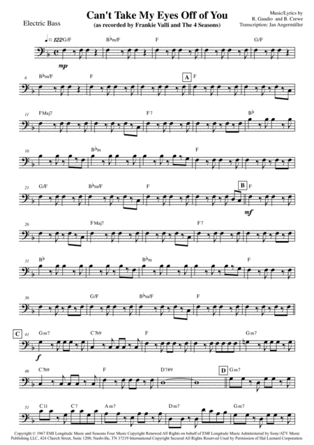 Cant Take My Eyes Off Of You E Bass Transcription Of Original Frankie Valli Recording Sheet Music