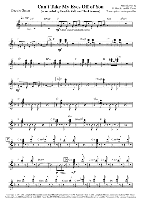 Cant Take My Eyes Off Of You E Guitar Transcription Of Original Frankie Valli Recording Sheet Music