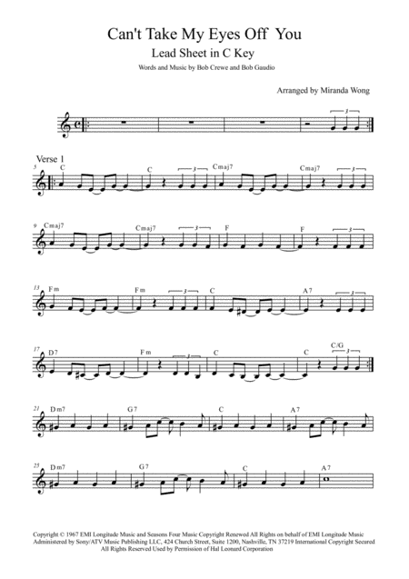 Cant Take My Eyes Off Of You Lead Sheet In C Key Tenor Or Soprano Saxophone Solo Sheet Music