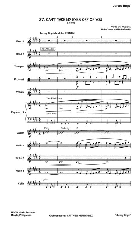 Free Sheet Music Cant Take My Eyes Off Of You Score