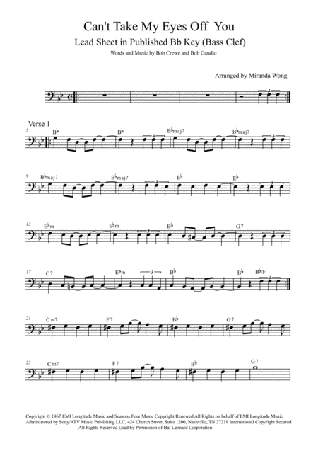 Cant Take My Eyes Off Of You Trombone Or Bassoon In Published Bb Key With Chords Sheet Music