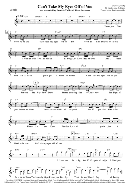 Cant Take My Eyes Off Of You Vocals W Chords Transcription Of Original Frankie Valli Recording Sheet Music