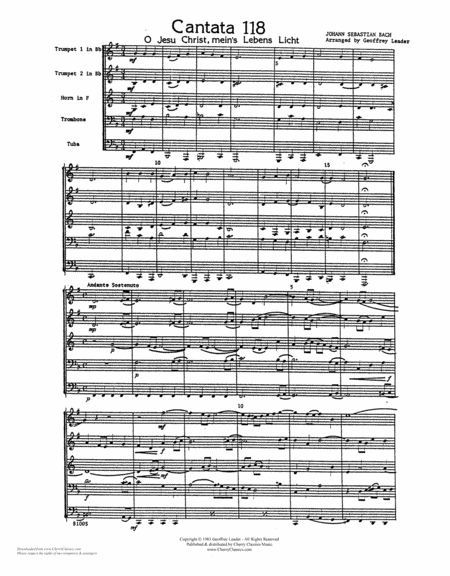 Cantata 118 For Brass Quintet Sheet Music