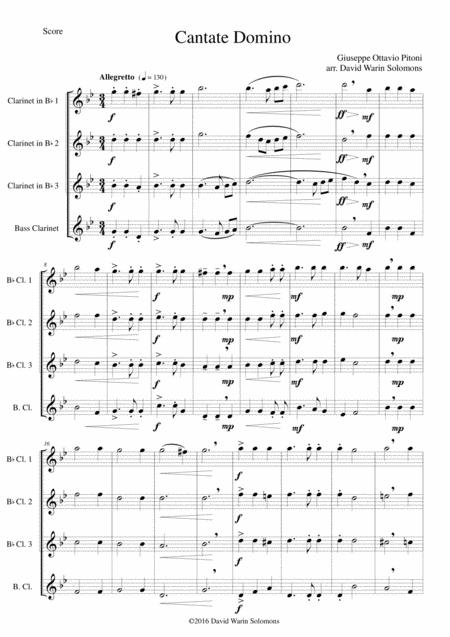 Free Sheet Music Cantate Domino By Pitoni Arranged For Clarinet Quartet 3 Clarinets And 1 Bass Clarinet