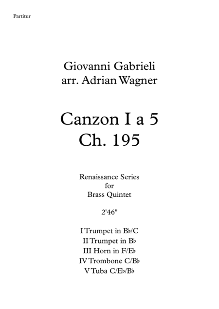 Canzon I A 5 Ch 195 Giovanni Gabrieli Brass Quintet Arr Adrian Wagner Sheet Music