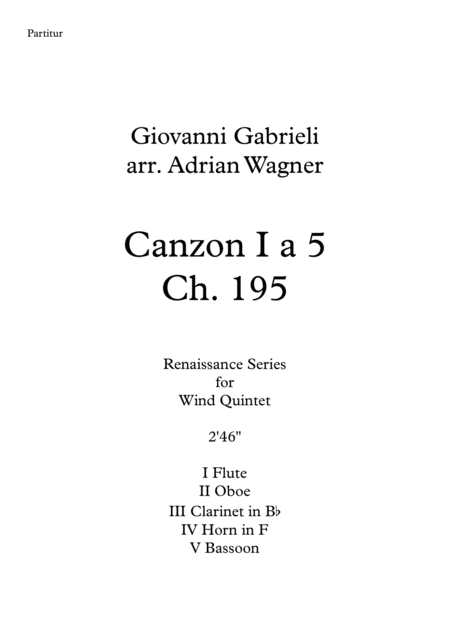 Canzon I A 5 Ch 195 Giovanni Gabrieli Wind Quintet Arr Adrian Wagner Sheet Music